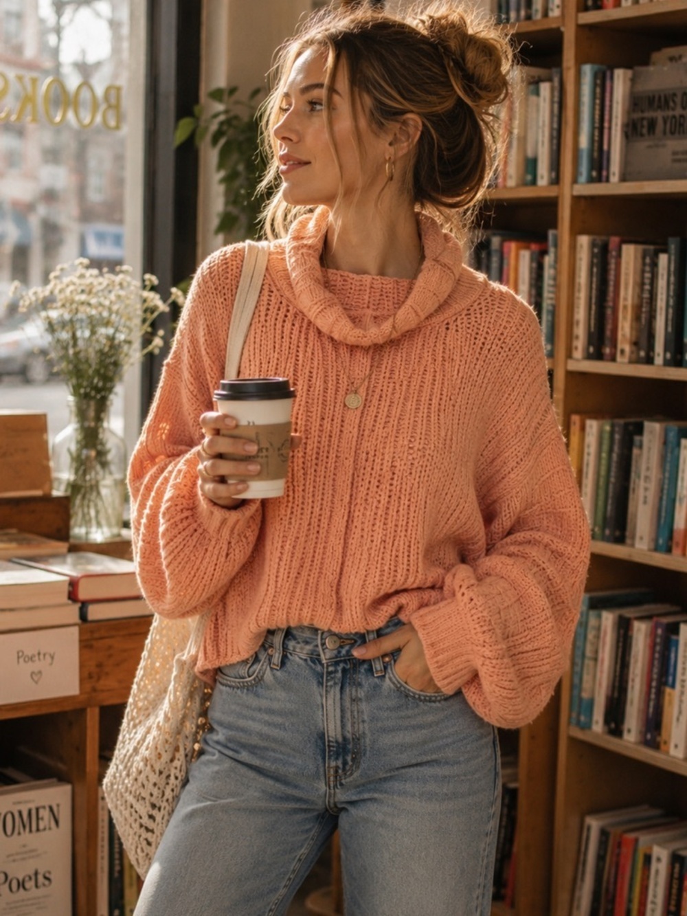 Free People Peach Be Yours Cozy Cowl Neck Women’s Balloon Sleeve Sweater Sz XS